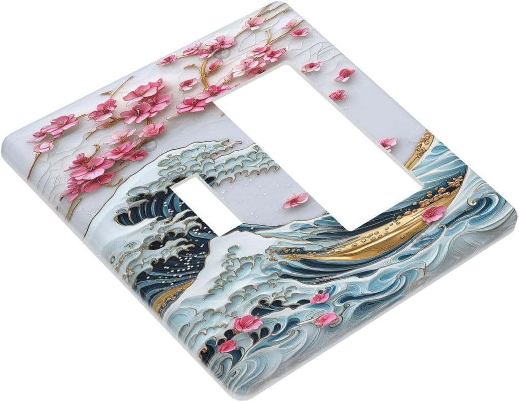 Outlet Covers The Great Wave Off Kanagawa With Sakura 1 Toggle 1 Rocker Combination Decorative Wall Plate Electrical Switch Plates Light Switch Cover Plate for Bedroom Bathroom Decor