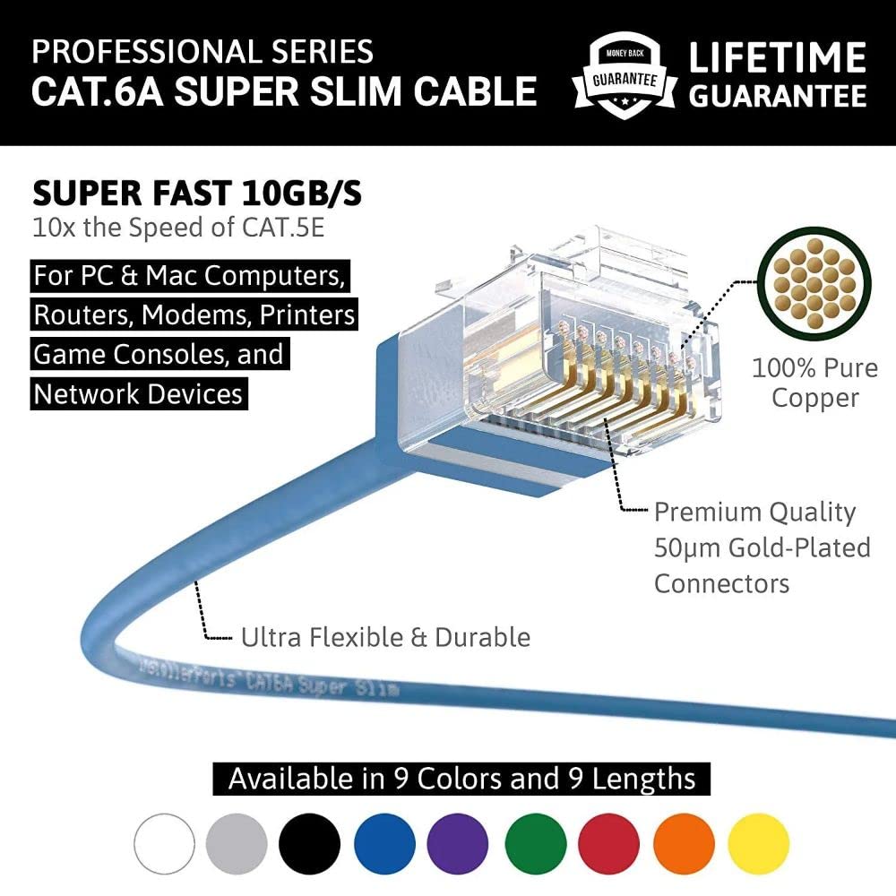 InstallerParts Ethernet Cable CAT6A Super Slim Cable UTP 7 FT - Blue - Professional Series - 10Gigabit/Sec Network/High Speed Internet Cable, 550MHZ, 32AWG