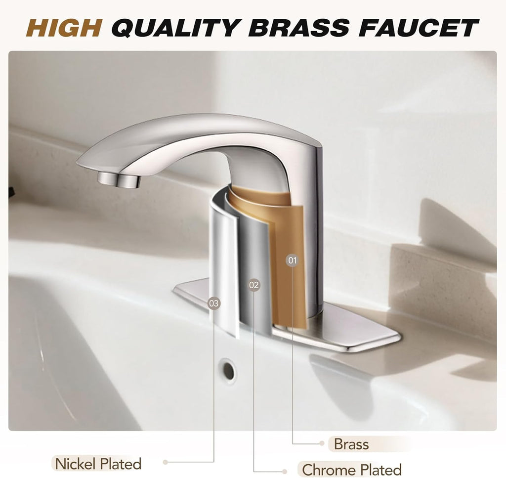Gangang Touchless Bathroom Sink Faucet Adjustable Water Temperature Brass Automatic Motion Sensor Faucet 1 Hole Commercial Brass Non-contact Faucets Sinks Water Saving Easy to Install (Brushed Nickel)