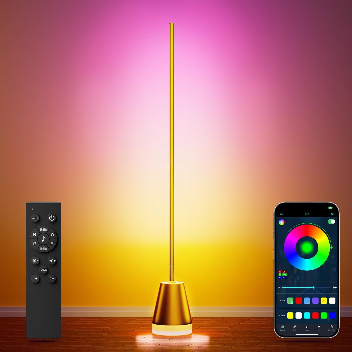 Keepsmile Smart RGB LED Corner Floor Lamp,172 LEDs Bright Standing Lamps for Living Room with APP and Remote,Modern Floor Lamp with Music Sync and 16 Million Colors, Ambient Lighting for Bedroom Gold