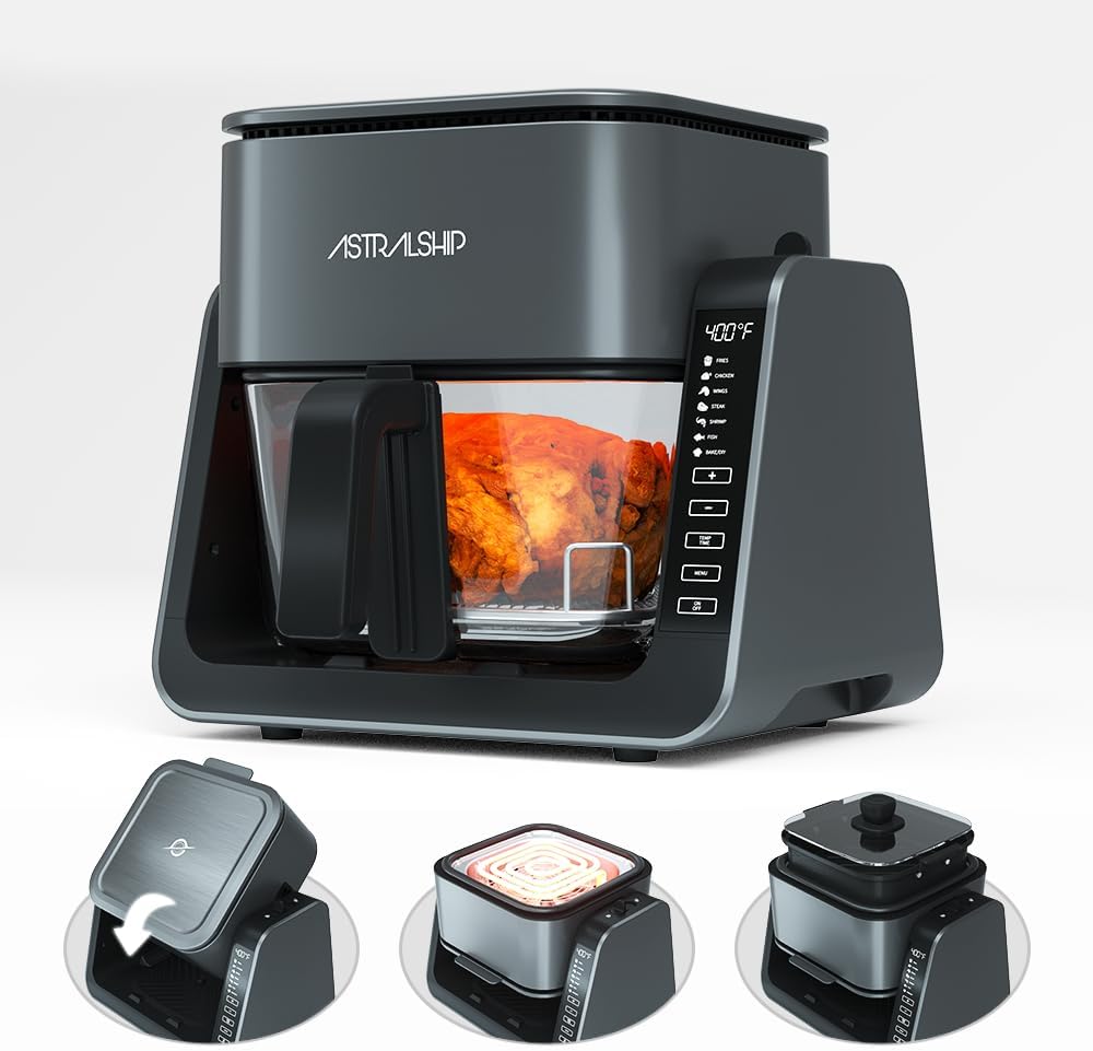 Astralship 2-in-1 Glass Air Fryer & Grill Combo, 4.2 QT + 1.3 QT Capacity, 7 Digital Presets, Small, Non-Toxic See-Through Glass Bowl, Low-Oil Healthy Cooking, Easy to Clean, Multi-Function Design