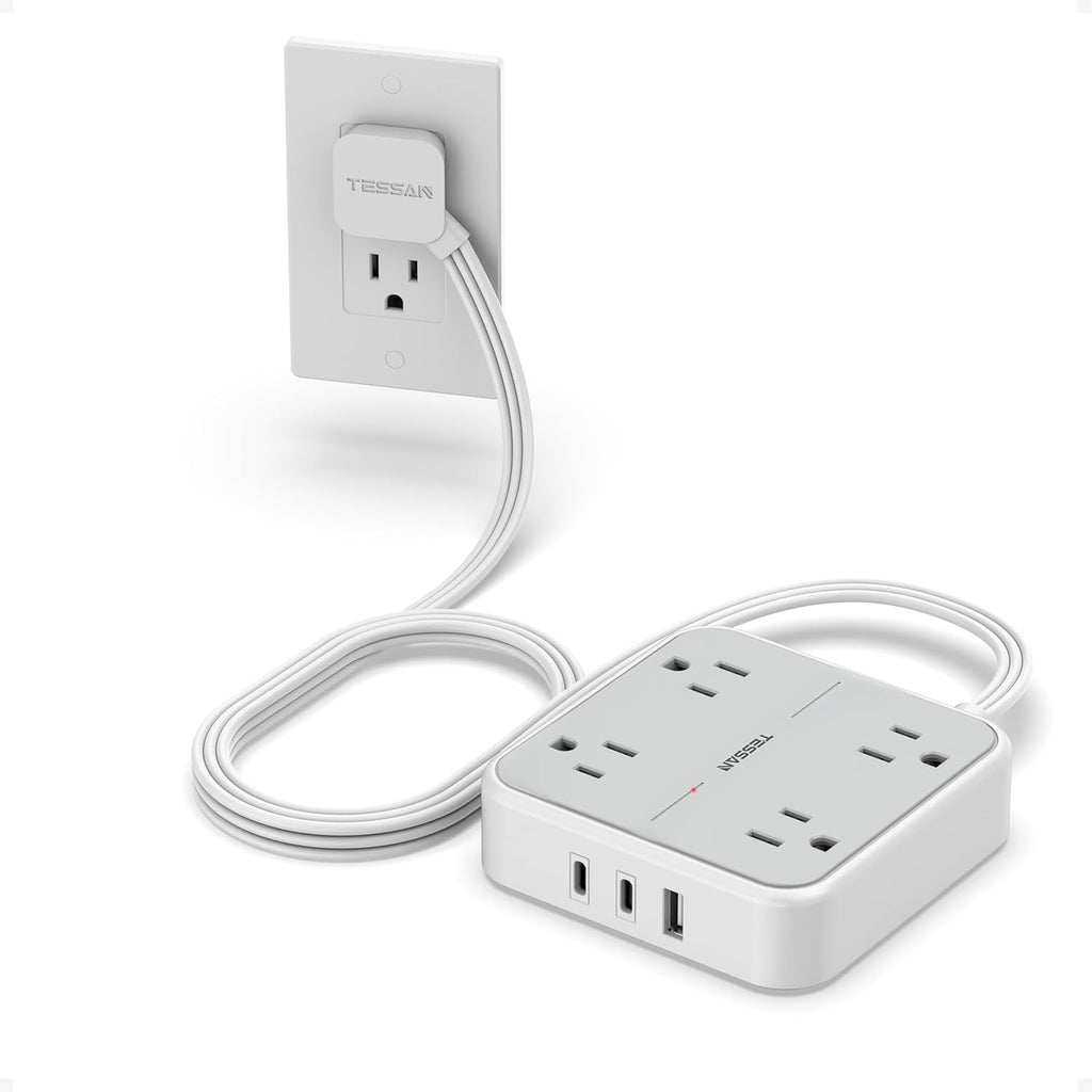 TESSAN Surge Protector Power Strip with 3 USB (2 USB C) 4 Outlets, Flat Plug Extension Cord 5 Ft, 900J Surge Protection, Multiple Charging Station with Power Switch for Home, Office, Dorm Room, Gray
