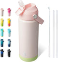 BJPKPK Insulated Water Bottle with Straw Lid, 18oz Thermo Water Bottles, Flex Handle & Non-slip Boot, BPA Free Leak Proof Stainless Steel Metal Thermo, Tumblers, Cups,Pearl Pink
