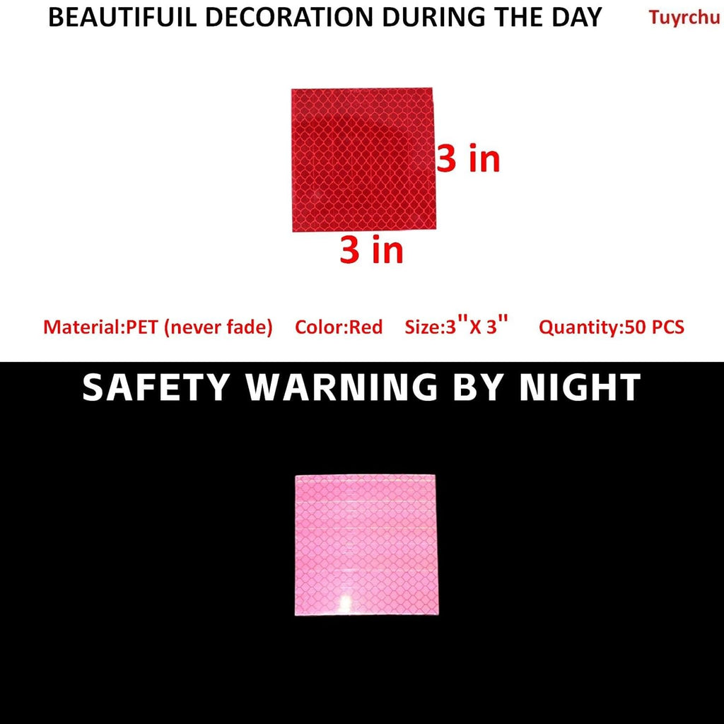 Non Fading Red Reflective Stickers 3 inch X 3 inch, Outdoor Waterproof High Visibility Warning Safety Adhesive Reflector Tape (50 Pcs)