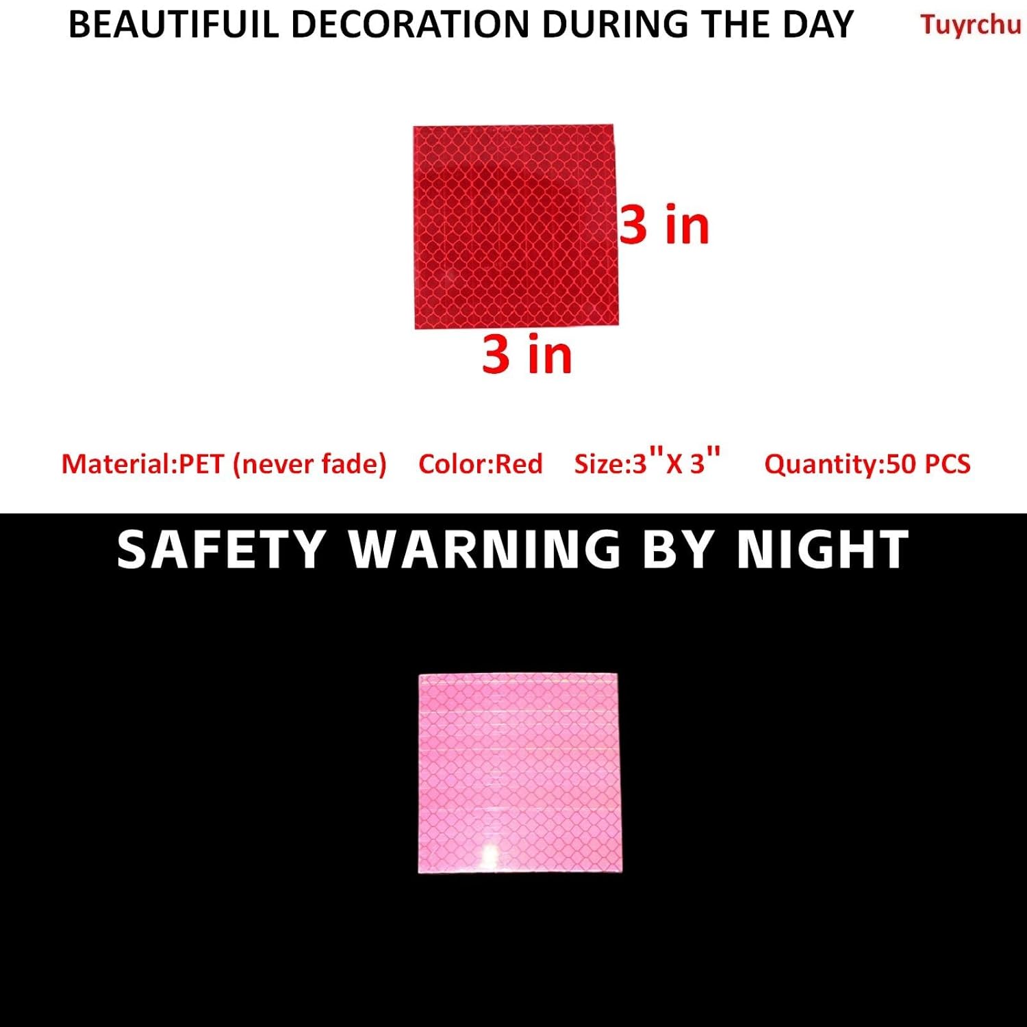 Non Fading Red Reflective Stickers 3 inch X 3 inch, Outdoor Waterproof High Visibility Warning Safety Adhesive Reflector Tape (50 Pcs)