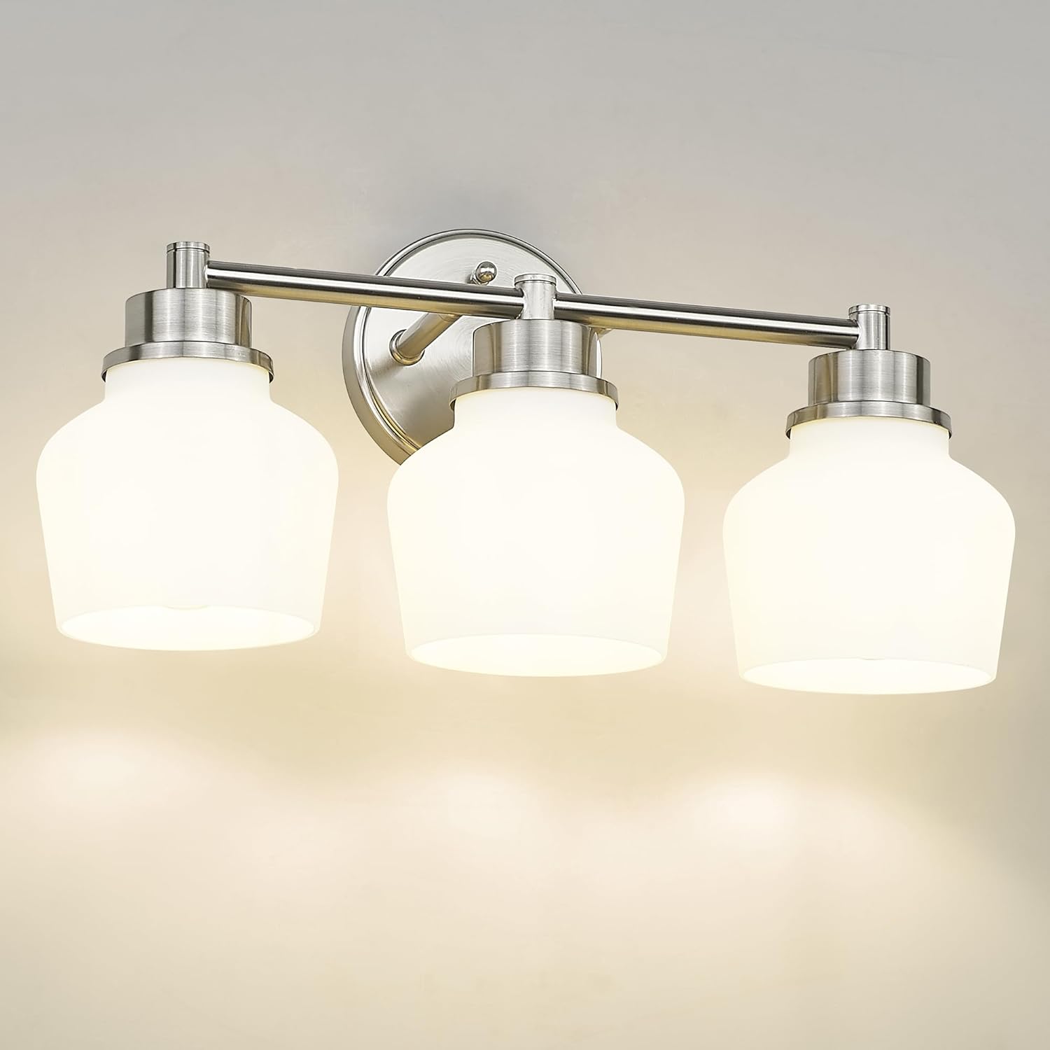 Emak Brushed Nickel Vanity Lights, Modern Milk Glass Bathroom Light Fixtures, 3-Light Bathroom Vanity Light Over Mirror, VL122-BN-ML-3