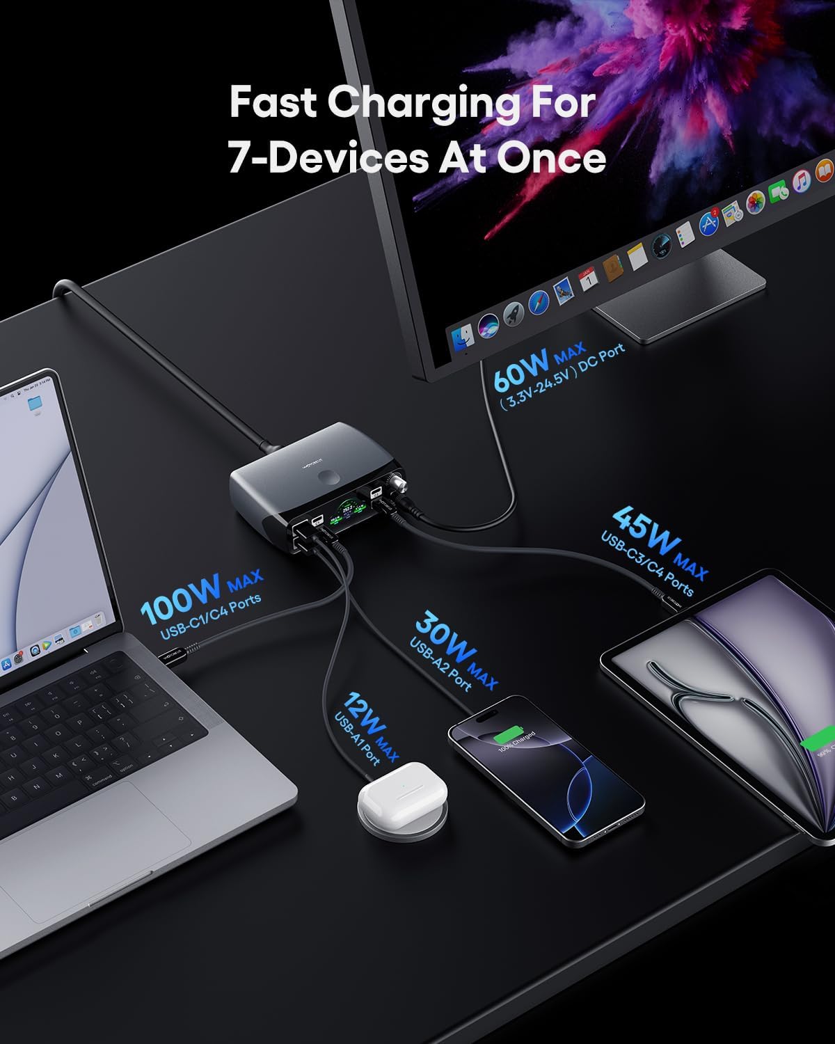 WOTOBEUS Charging Station (252W), 7-Ports (4 USB-C, 2 USB-A, 1 DC), Power Adapter with DC Power Supply Adjustable 3.3V~24.5V (0~60W) Converter and LED Display, for iPhone Laptops Monitor Electronics
