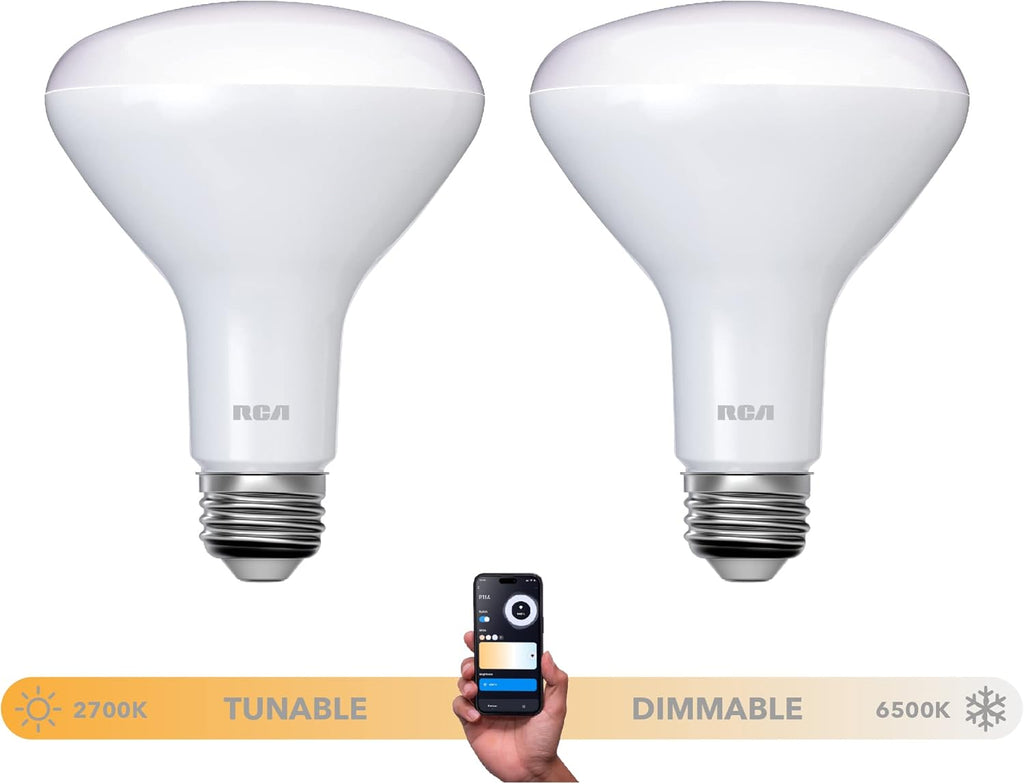 RCA Dimmable Smart Light Bulbs, BR30 WiFi LED Light Bulb, Indoor Flood LED Bulbs, 9W (60W Eq), 2700K Soft White, 720 Lumens, E26 Base, Voice Activated Lights, Google & Alexa Light Bulb, 2-Pack