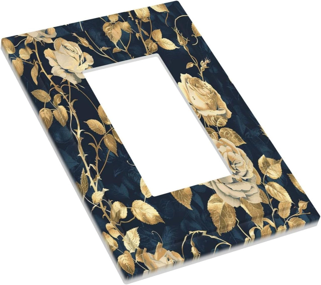 Decorative Outlet Covers Boho Vintage Floral Golden Flower Dark Blue Background 1 Gang Single Rocker Light Switch Cover Plate Wall Plates GFCI Faceplate for Bedroom living Room Decor