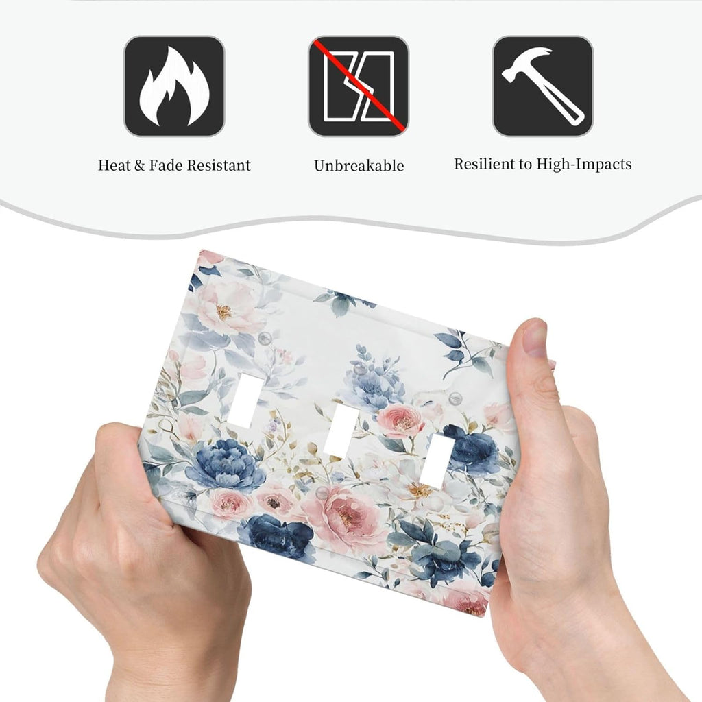Light Switch Covers Elegant Watercolor Pink Blue Flowers Floral 3 Gang Wall Plates Triple Toggle Outlet Cover Decorative Switchplates Electrical Panel Cover for Kitchen Living Room 4.8 X 6.7 IN