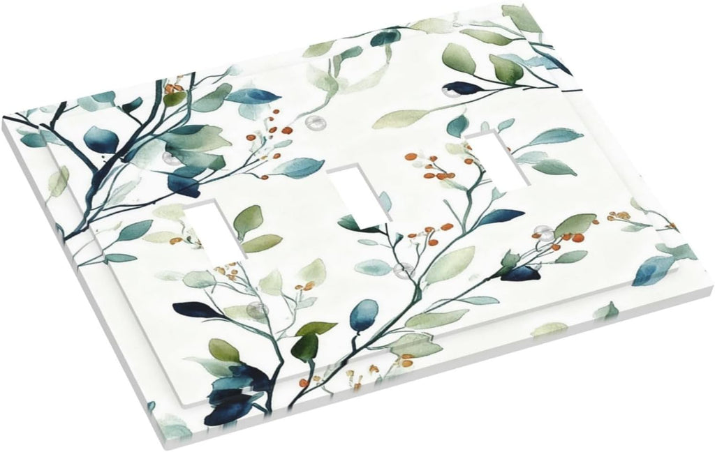 Decorative Light Switch Cover Plate Eucalyptus Leaf Geen Sage Leaves 3 Gang Wall Plates for Electrical Outlets Triple Toggle Switch Plate Covers Outlet Covers Faceplate for Bedroom Home Decor