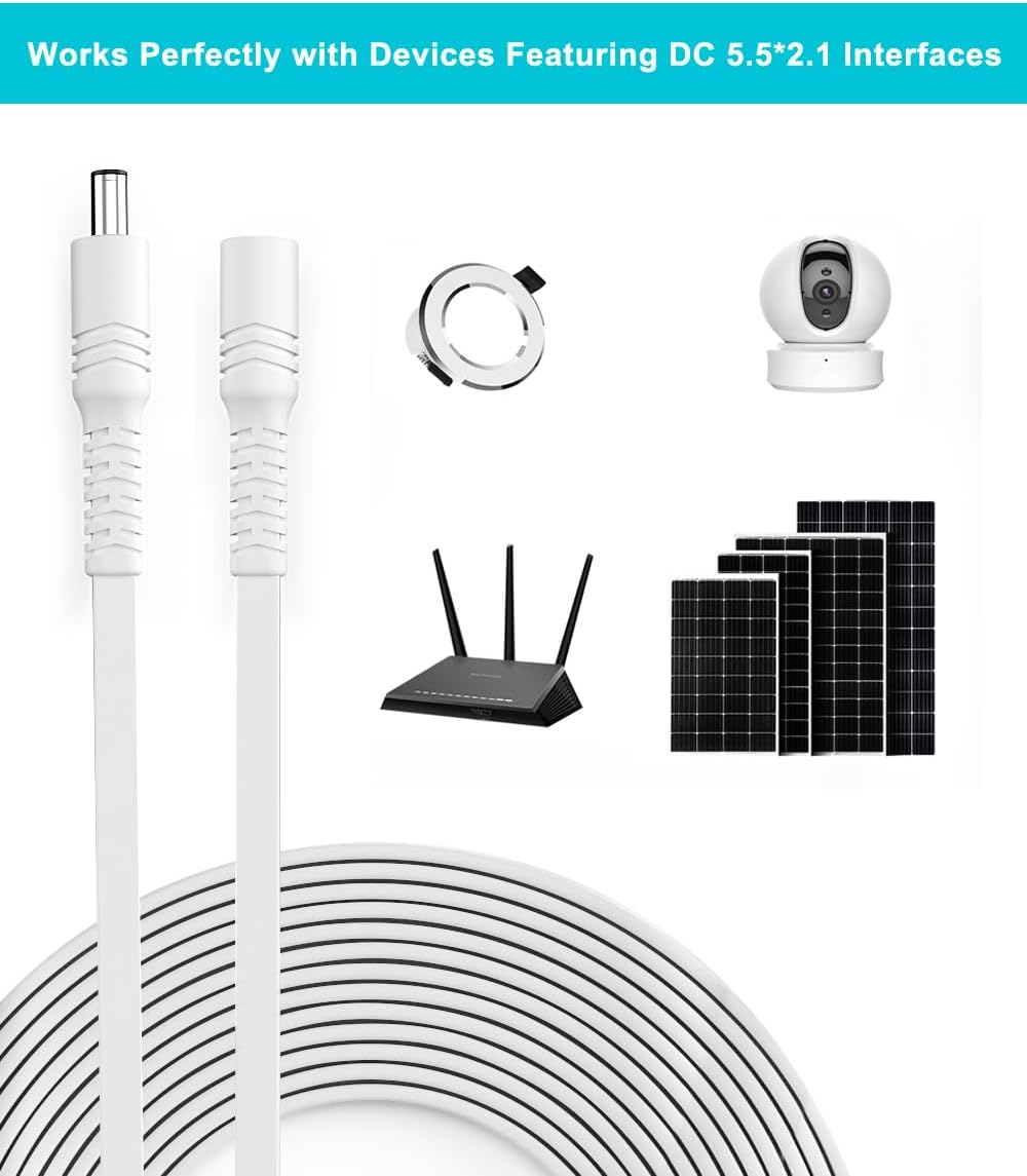 Basesailor 12V DC Extension Cable 20ft 2 Pack,5V 9V 2.1mm x 5.5mm 5521 Power Supply Adapter Long Flat Extender Cord,Female to Male Wire for Outdoor CCTV Security Camera,IP Network Camera,DVRs