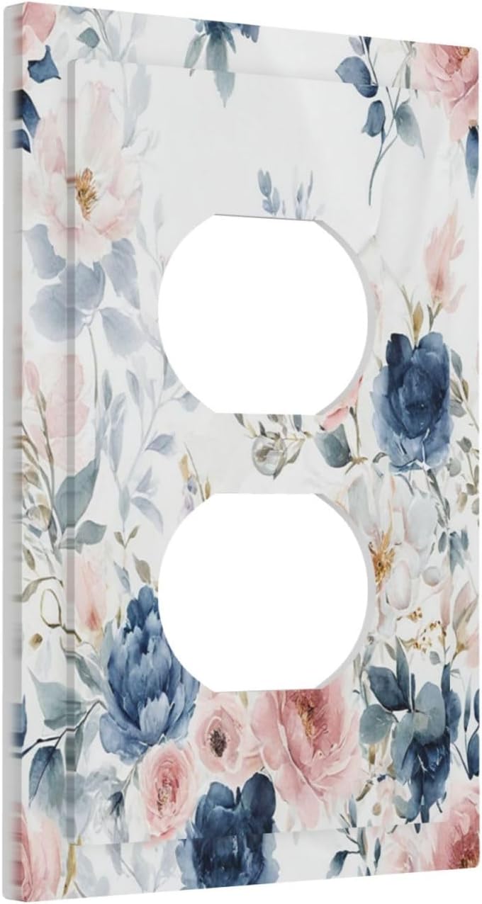 Elegant Watercolor Pink Blue Flowers Floral 1 Gang Duplex Receptacle Switch Wall Plate Decorative Switchplate Outlet Covers Electrical Plug Cover Faceplate for Bathroom Home Decor 5 X 3 IN