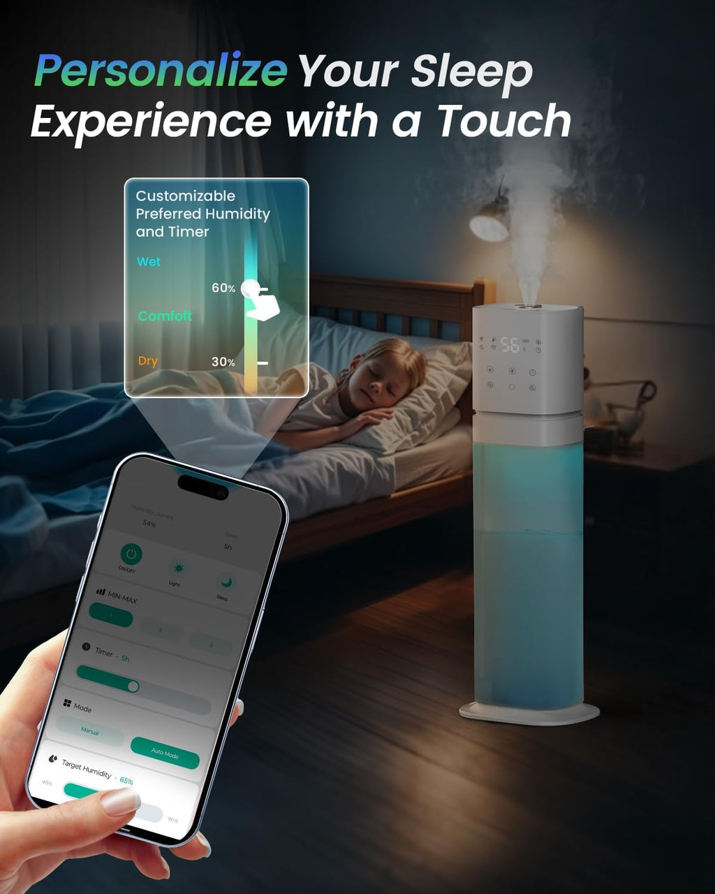 Smart Humidifier Large Room, 2.1Gal/8L Humidifiers for Bedroom with Extended Tube&Night Light, Whole House Cool Mist Humidifiers, WIFI App&Voice Control, School/Office/Warehouse, White