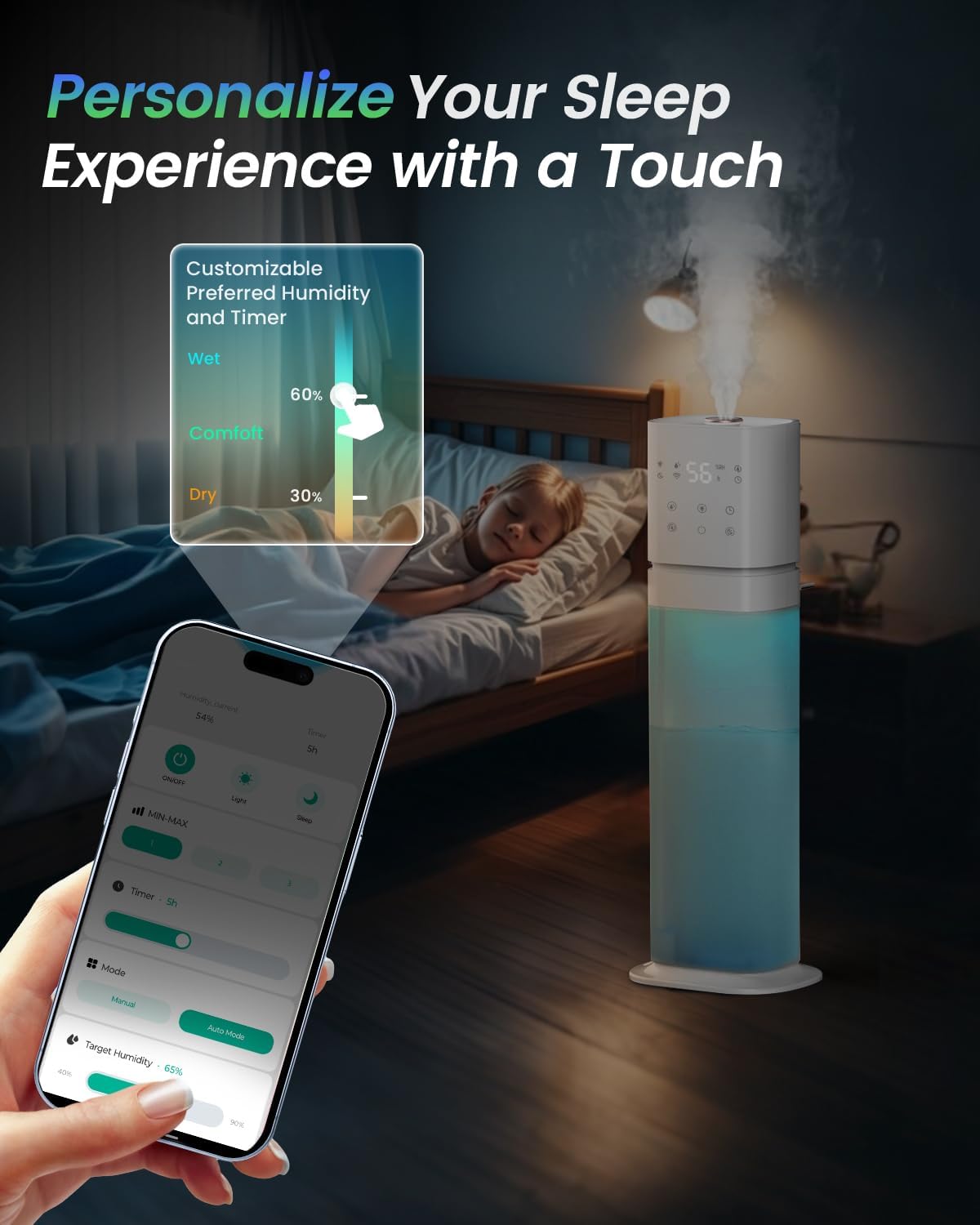 Smart Humidifier Large Room, 2.1Gal/8L Humidifiers for Bedroom with Extended Tube&Night Light, Whole House Cool Mist Humidifiers, WIFI App&Voice Control, School/Office/Warehouse, White