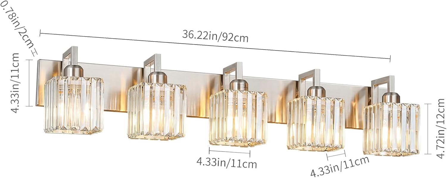 Modern Bathroom Vanity Light 5-Lights Brushed Nickel Vanity Light Crystal Wall Light Bathroom Light Fixtures