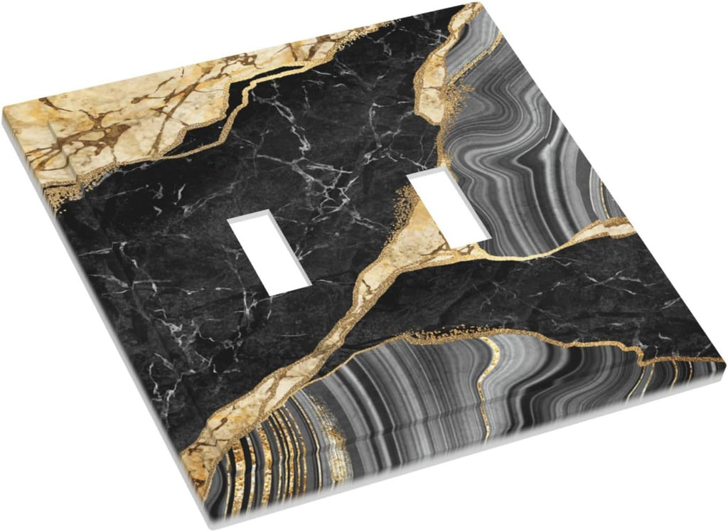 Decorative Light Switch Plate Covers Modern Abstract Black Gold Marble 2 Gang Light Switch Cover Plate Double Toggle Wall Plate Outlet Covers for Bathroom Decor （2 Pack）