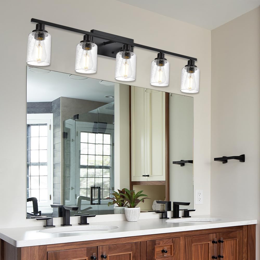 40 Inches Length Black Bathroom Lighting Fixtures, 5-Light Modern Industrial Wall Sconce Vanity Light Fixture with Seeded Glass for Bedroom Over Mirror