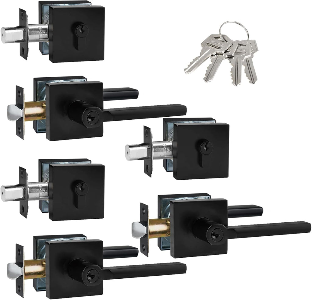Keyed Alike(All Same Keys) Keyed Entry Door Lever with Single Cylinder Deadbolt Combo, Front Door/Exterior Door Handleset, Matte Black, 3 Set