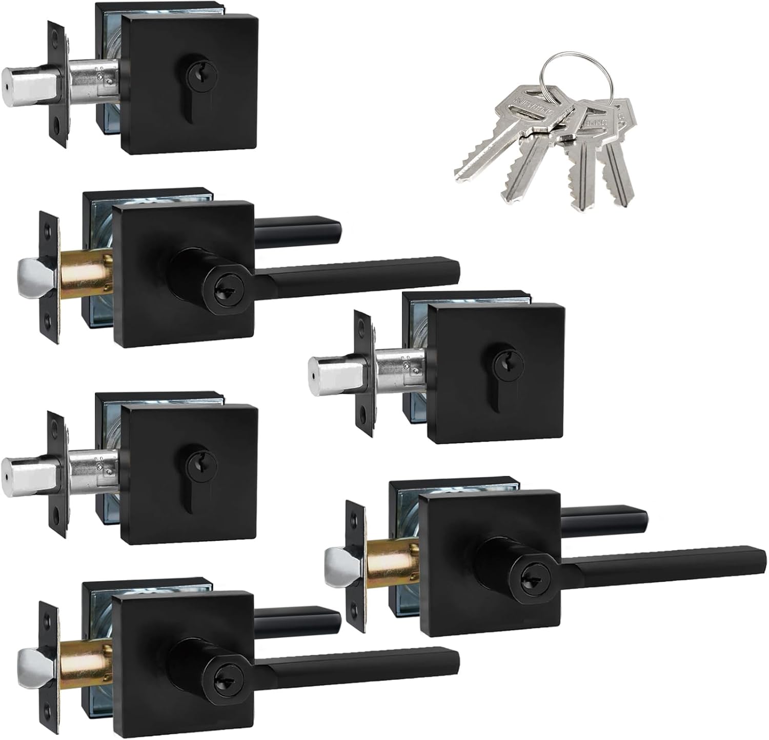 Keyed Alike(All Same Keys) Keyed Entry Door Lever with Single Cylinder Deadbolt Combo, Front Door/Exterior Door Handleset, Matte Black, 3 Set