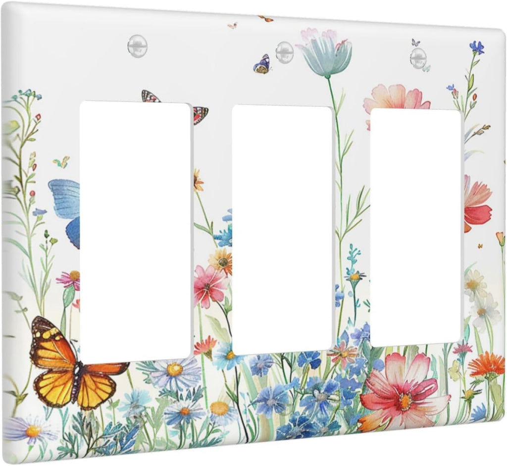 Decorative Outlet Covers Rustic Wildflower Blue Pink Floral Butterfly 3 Gang Light Switch Cover Plate Triple Rocker Wall Plates for Electrical Outlets Switch Plate Covers for Home Decor