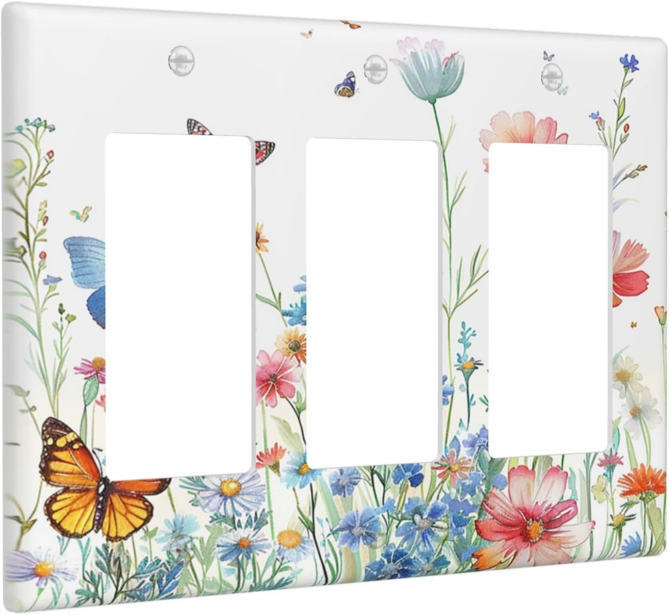 Decorative Outlet Covers Rustic Wildflower Blue Pink Floral Butterfly 3 Gang Light Switch Cover Plate Triple Rocker Wall Plates for Electrical Outlets Switch Plate Covers for Home Decor