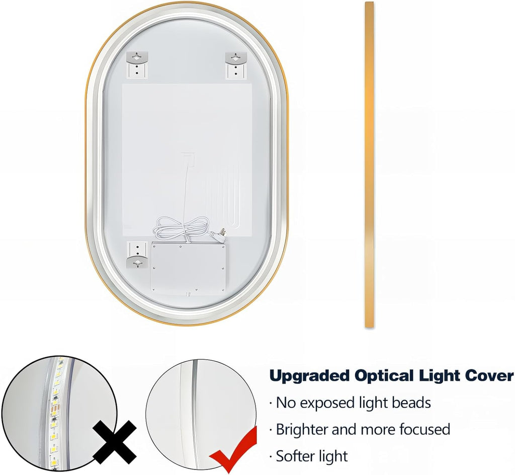 Niccy Oval LED Mirror for Bathroom, 48x30 Front Lit + Backlit Vanity Mirrors with Light Anti-Fog, Shatter-Proof, 3 Colors, Makeup Mirror with Gold Frame (Horizontal/Vertical)