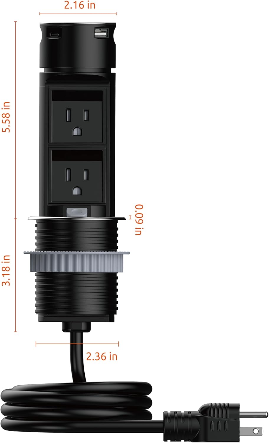 Link2Home Pop Up Outlet with 2 AC Power Outlets, 2 USB A/C Ports, 2.4A Fast Charge, Splash Resistant, Stainless Steel Retractable Socket for Kitchen Counter or Desk
