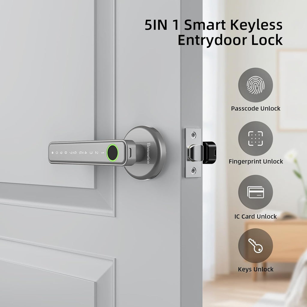 Fingerprint Door Lock Smart Door Lock with Keypad Keyless Entry Door Lock with Handle for Home Hotel Office Apartment Bedroom (Silver)
