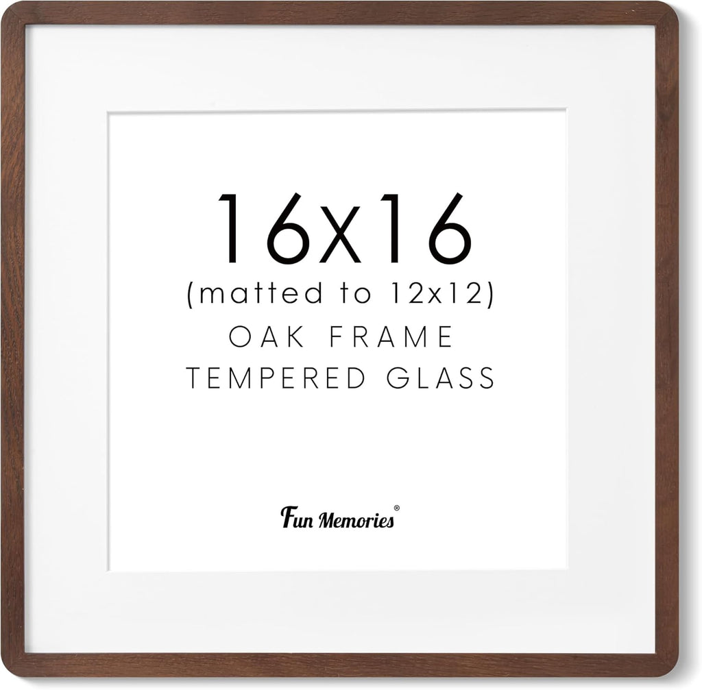16x16 Picture Frame, Square 16 by 16 Frames for Wall - Solid Oak Wood & Tempered Glass, 16 x 16 Wood Frame Matted to 12 x 12, Square Picture Frame 16"x16" for Home Decor, Walnut Color, 1 Pack
