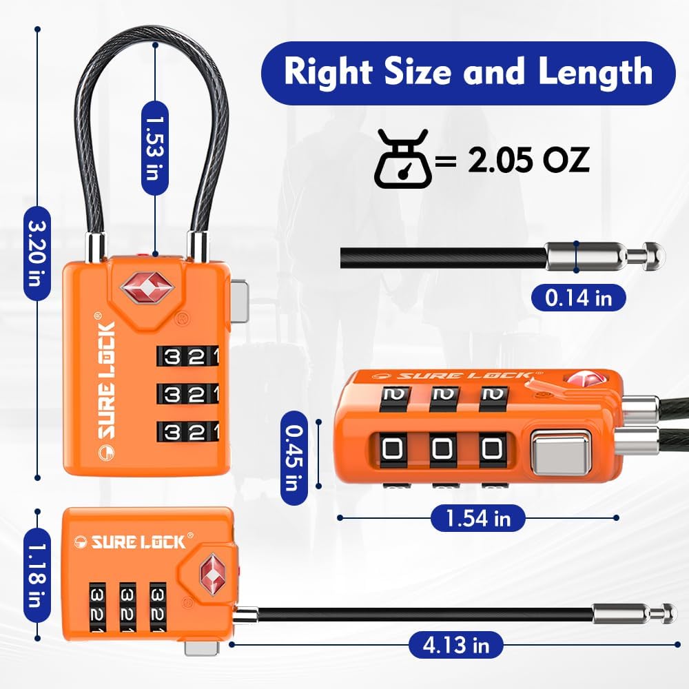 SURE LOCK TSA Compatible Travel Luggage Locks, Inspection Indicator, Easy Read Dials TSA Approved with Zinc Alloy Orange 4 Pack