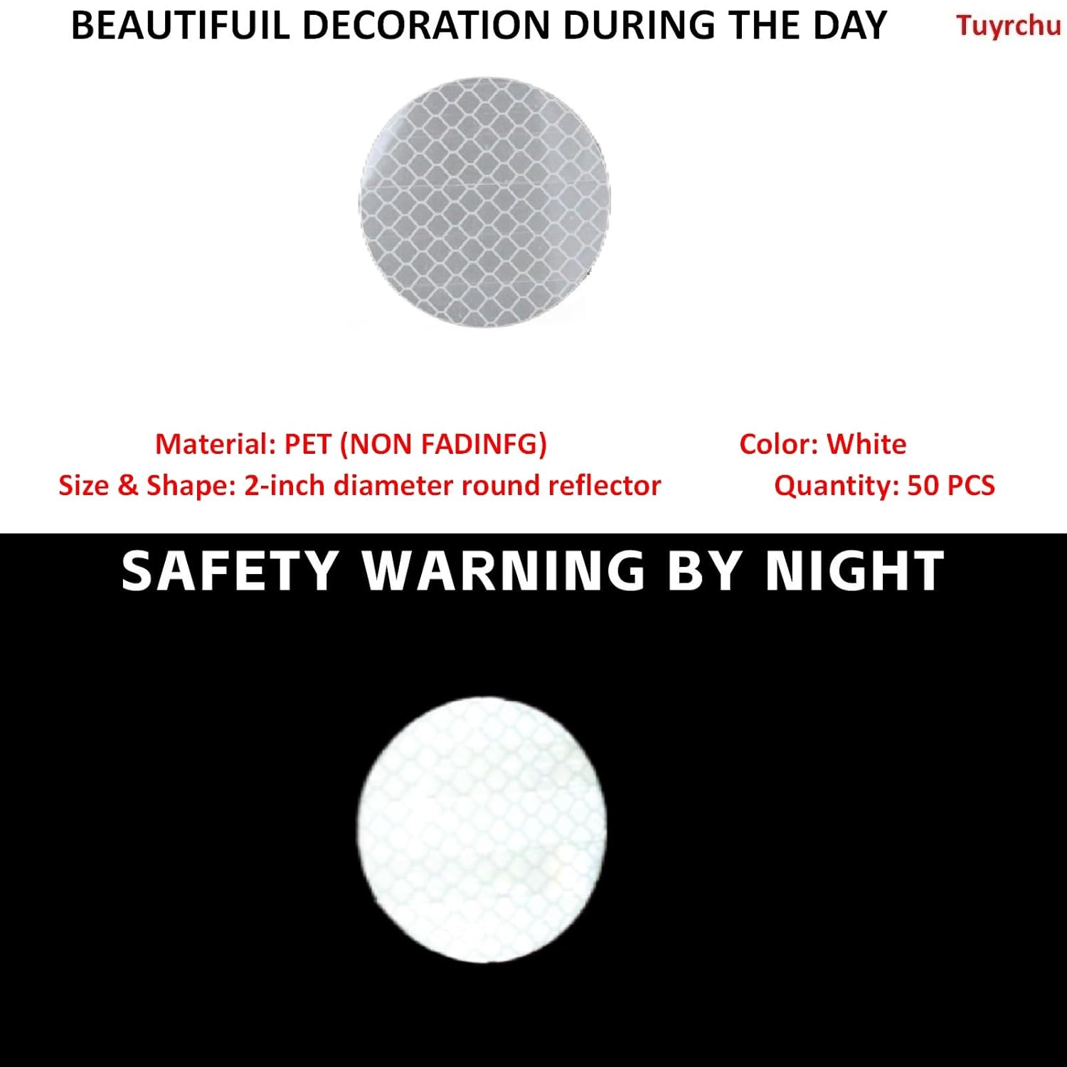 Non Fading White Reflective Stickers 2-inch Diameter Round Reflector, Outdoor Waterproof High Visibility Warning Adhesive Tape (50 Pcs)