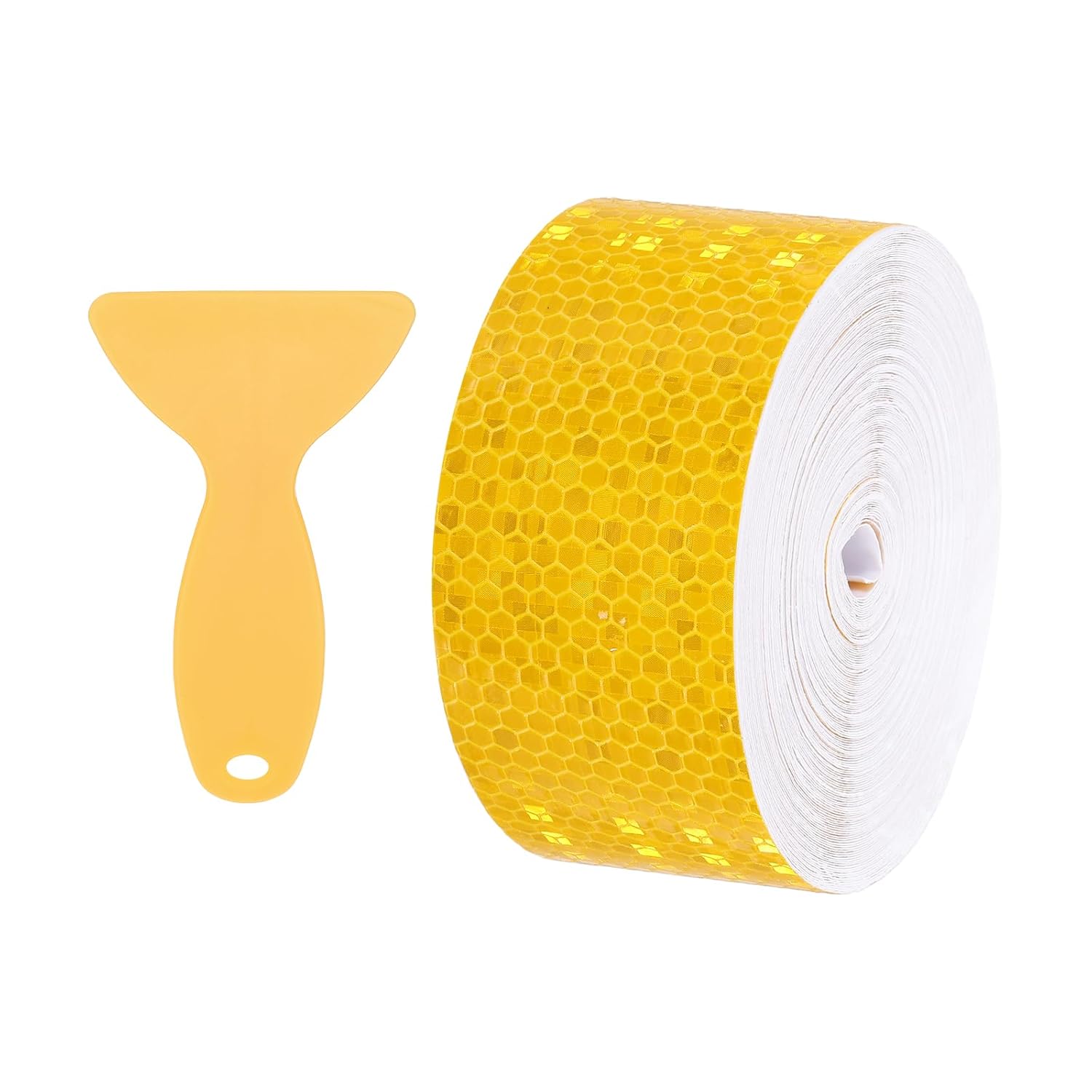 PATIKIL 2 Inch x 82 ft Reflective Tape, 1 Roll Waterproof Self Adhesive High Visibility Caution Warning Safety Tape Reflector with Scraper for Trucks Trailers Cars, Yellow
