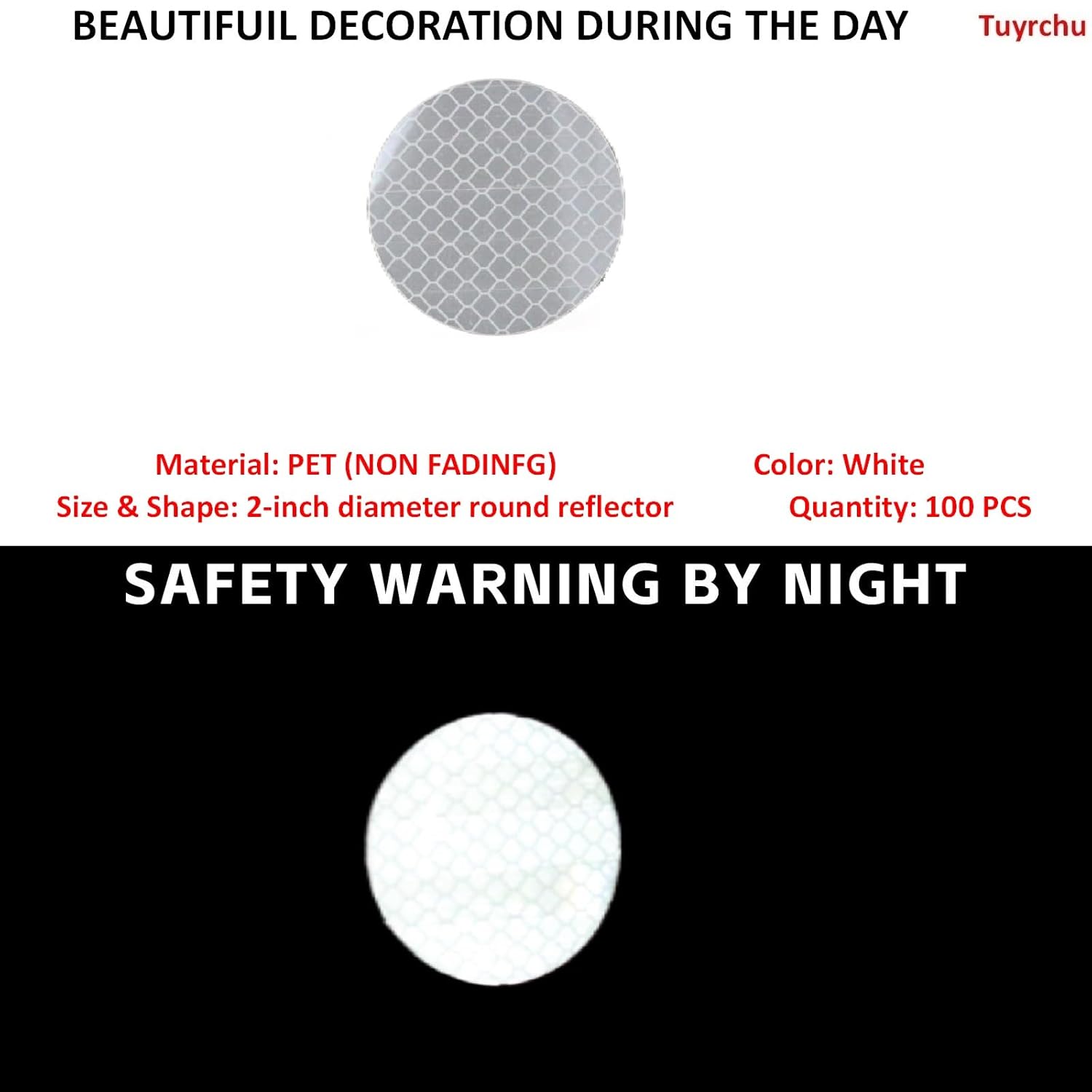Non Fading White Reflective Stickers 2-inch Diameter Round Reflector, Outdoor Waterproof High Visibility Warning Adhesive Tape (100 Pcs)