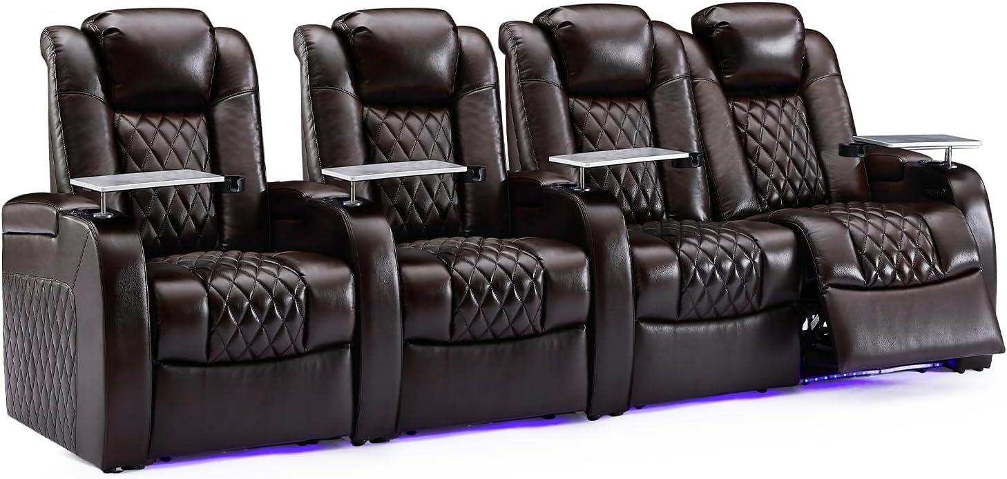 Weilianda Home Theater Seating Top Grain Leather Zero Gravity Recliner Chair Power Headrest Recline Movie Seat Gaming 7 Colors Mood Light Sofa with Tray Table USB Charge Row of 4 Loveseat Right Brown