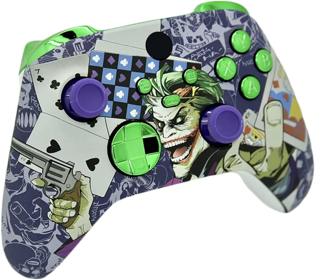 Hand Airbrushed Fade Custom Controller Compatible with Xbox Series X/S & Xbox One (Series X/S Crazy Cards W/Green Chrome Inserts)