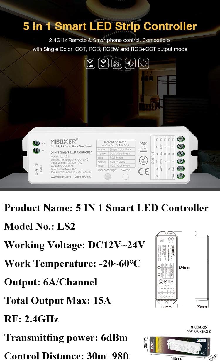 LGIDTECH LS2 LED Strip Lights 5 in 1 Controller,Compatible with Single Color,RGB,RGBW,WW+CW,RGB+CCT LED Strip Lights,Smartphone APP Control via Gateway(Excluded)