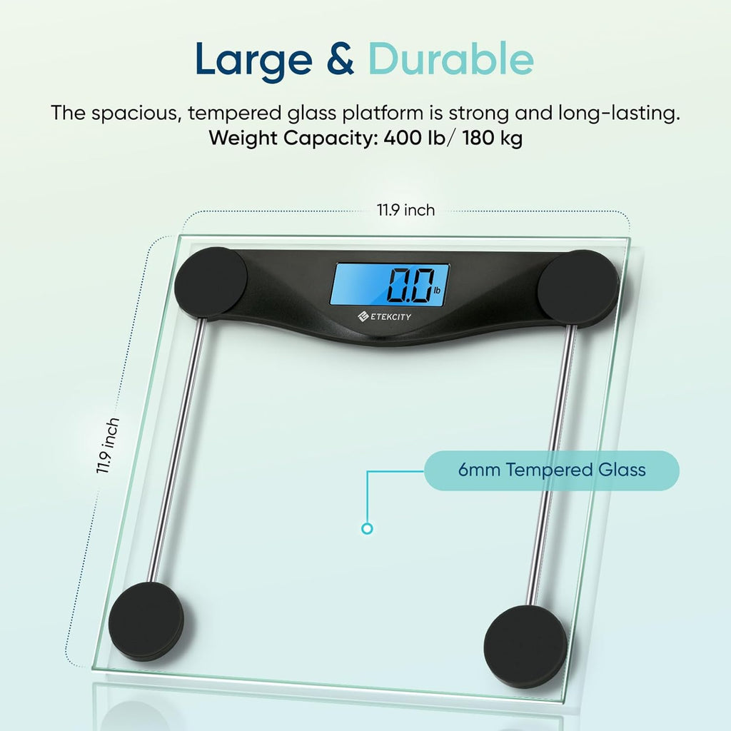 Etekcity Digital Body Weight Bathroom Scale, Large Blue LCD Backlight Display, High Precision Measurements, 6mm Tempered Glass, 400 Pounds, Black