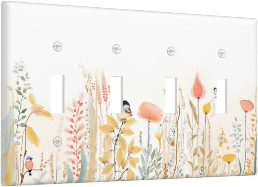 Light Switch Covers Colorful Floral Watercolour Cuddly Bird Quad Toggle Electrical Faceplate 4 Gang Wall Plate Decorative Switch Plates For Bed Room Living Room Decor