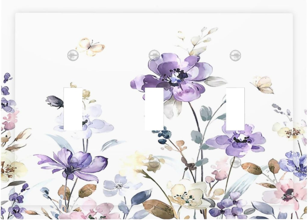 Decorative Switch Plates Purple Floral Lilac Watercolor Flower Leaves Butterfly Wildflower 3 Gang Wall Plate Faceplate Triple Toggle Light Switch Cover Electrical Wall Panels for Bedroom Home Decor