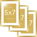 Homeforia 5x7 Picture Frame Gold, High End Metal 5 x 7 Gold Frames with Mat 4 x 6 for Print, 5by7 Desk Frame Matted to 4x6 inch Photo, 5 by 7 Wall or Tabletop Frame, Tempered Glass, Wall Kit, Set of 3