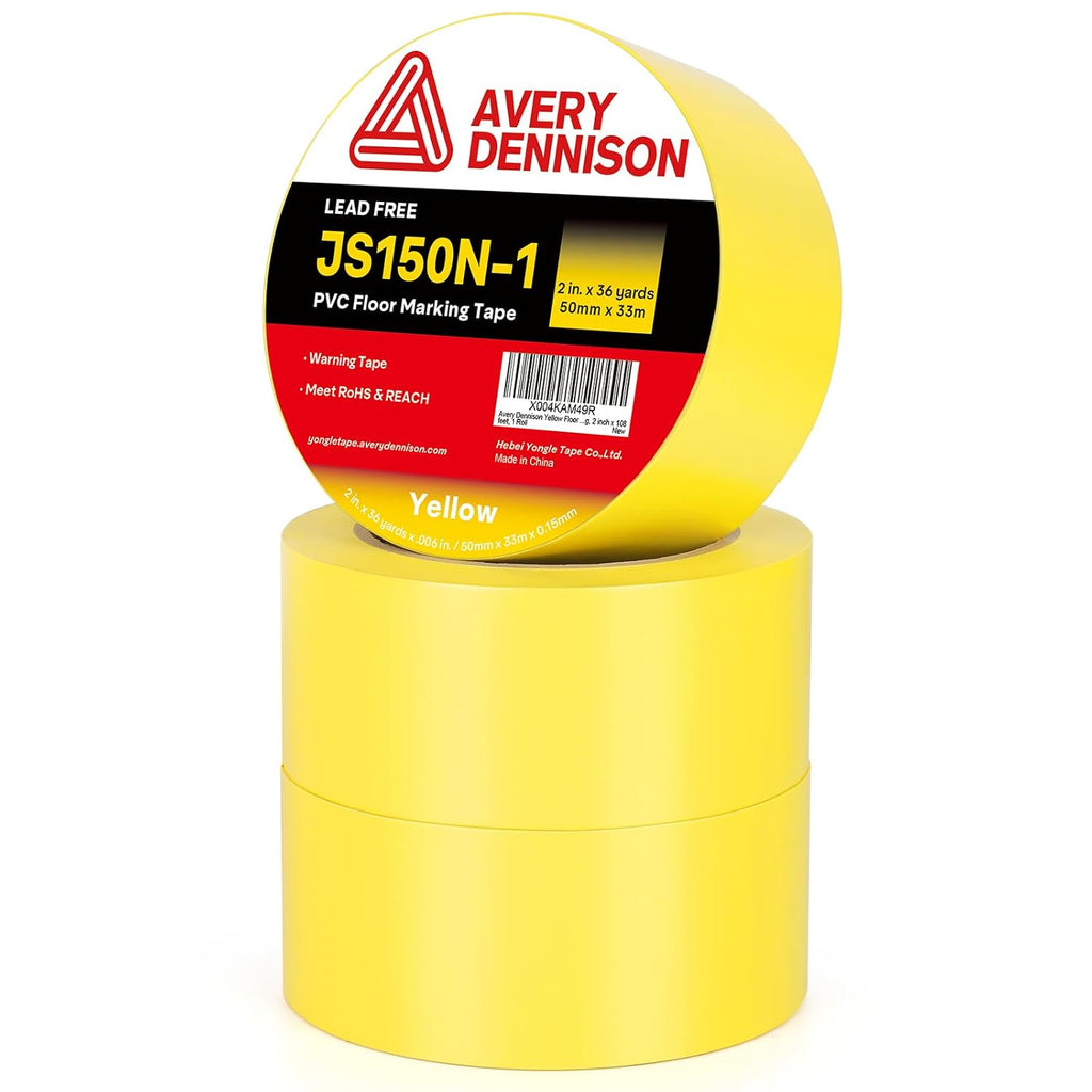 Avery Dennison Floor Marking Tape, 2 Inch x 108 Ft Yellow Caution Tape, 3 Rolls Heavy Duty Safety Tape for Indoor & Outdoor, High Adhesion & Durable | Warehouse, Factory, Parking, Retail