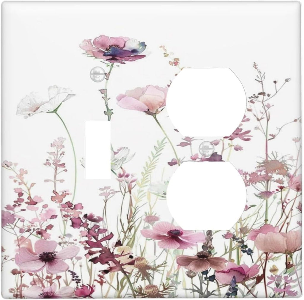 Floral Pink Watercolor Wildflowers Plant Flower Wallplates 1 Toggle 1 Duplex Switch Plate Electrical GFCI Faceplate Decorative Light Switch Covers for Bedroom Living Room Decor