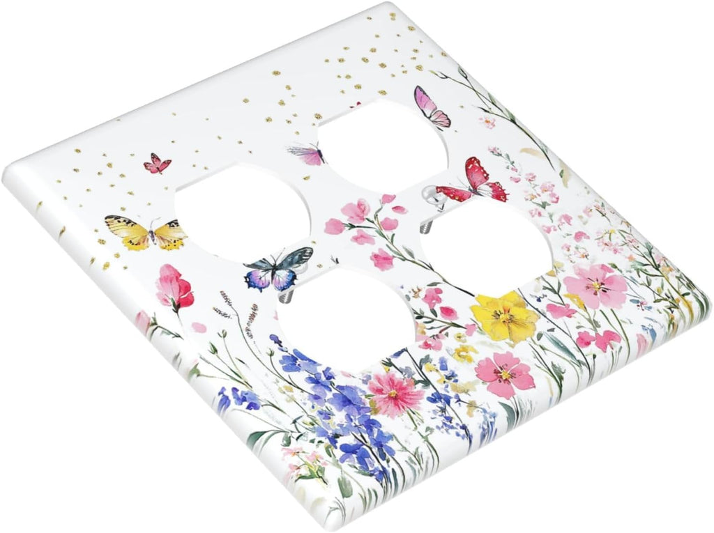 Outlet Covers Watercolor Floral Butterfly Colorful Wildflower 2 Gang Double Duplex Decorative Light Switch Covers Electrical Wallplates Socket Faceplate For Bed Room Living Room Decor