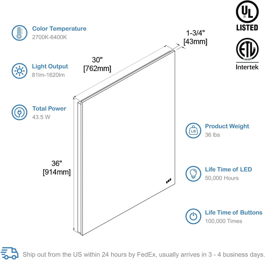 Blossom 30"X36" LED Bathroom Mirror with Lights, Front Lit and Backlight, Stepless Dimmable, Anti-Fog, Shatter-Proof Tempered Glass, Memory, 3 Colors Lighting Bathroom Mirrors for Vanity Makeup Mirror