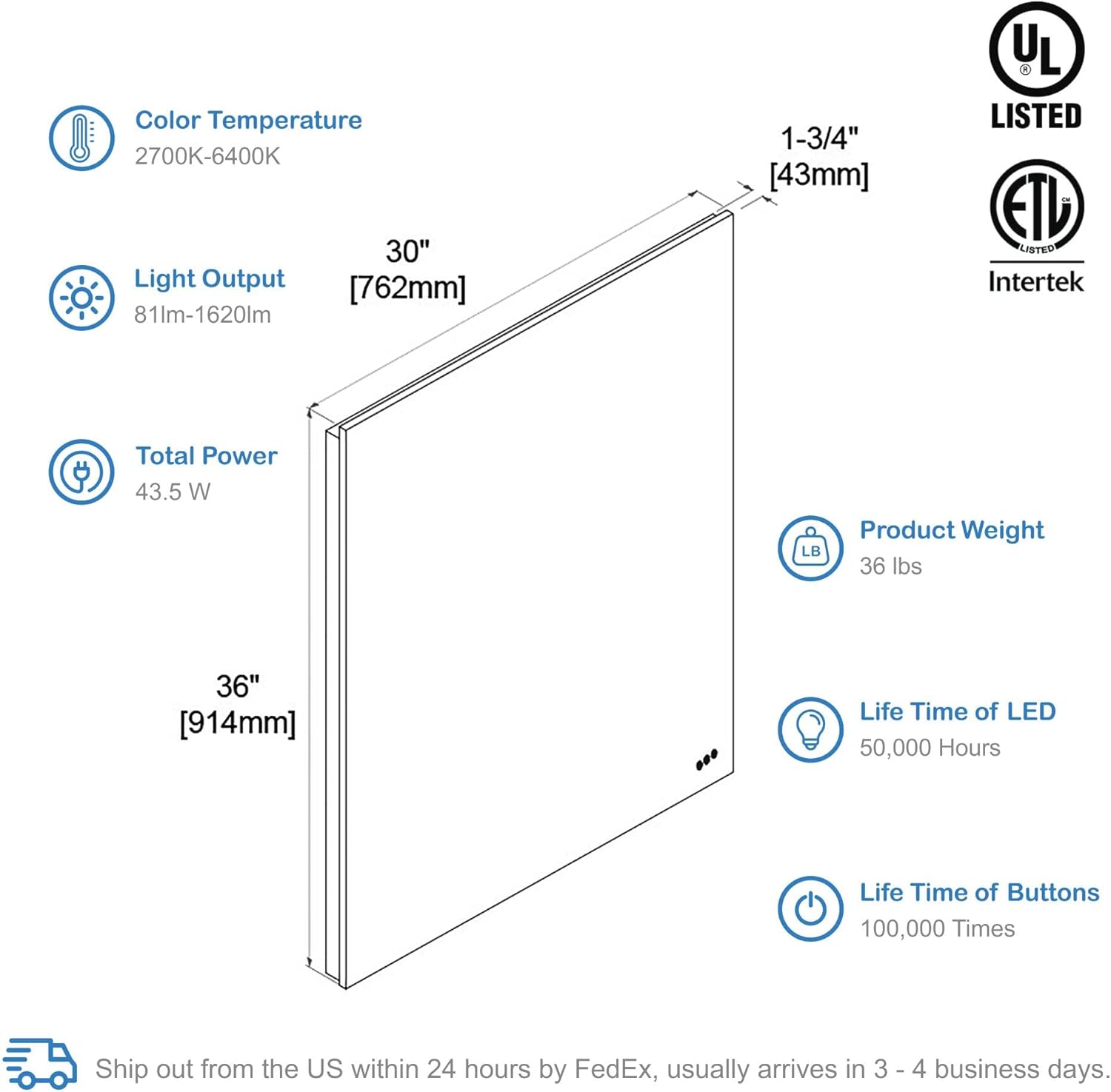 Blossom 30"X36" LED Bathroom Mirror with Lights, Front Lit and Backlight, Stepless Dimmable, Anti-Fog, Shatter-Proof Tempered Glass, Memory, 3 Colors Lighting Bathroom Mirrors for Vanity Makeup Mirror