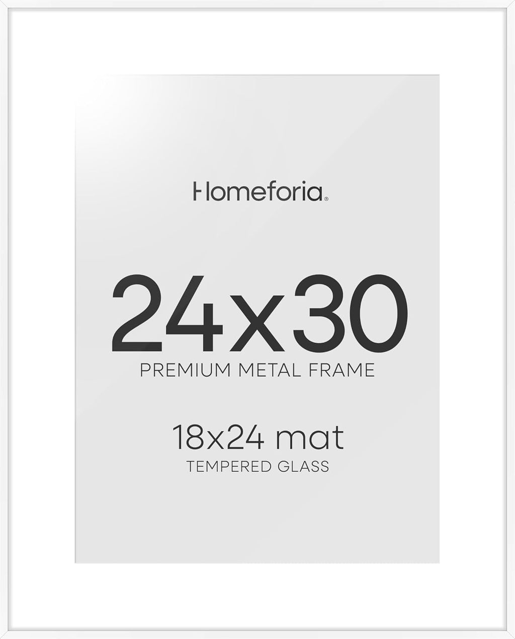 Homeforia 24x30 Poster Frame White, High End Metal 24 x 30 Picture Frames with Mat 18 by 24 inches Photo, 24x30 White Frame Matted to 18x24 Print, 30x24 Large Frame, Tempered Glass, Wall Kit, Set of 1