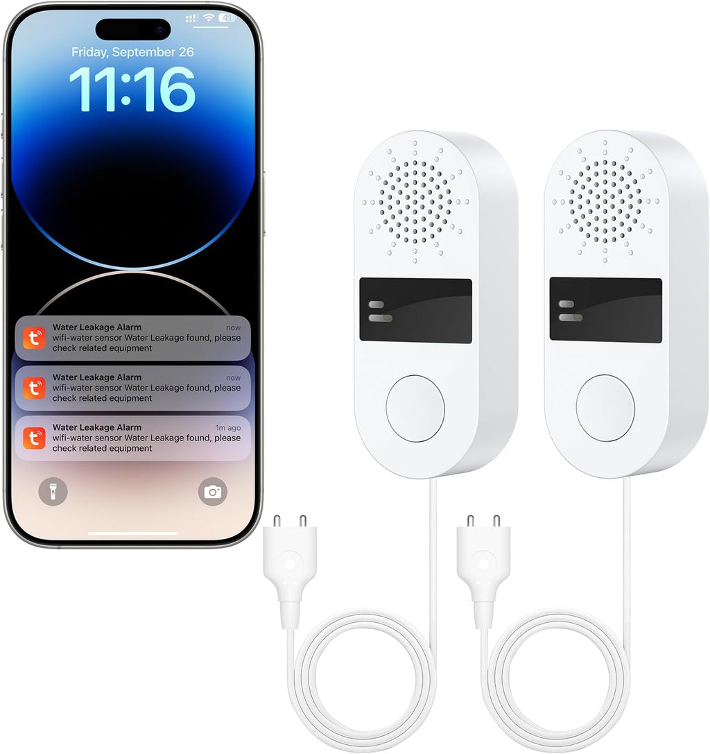 2-Pack WiFi Water Leak Detector, Battery Powered Water Sensor Alarm with 130dB Siren & 3.2FT Extended Cable Probe, App Alerts, No Hub Required for Home Basement Kitchen Bathroom