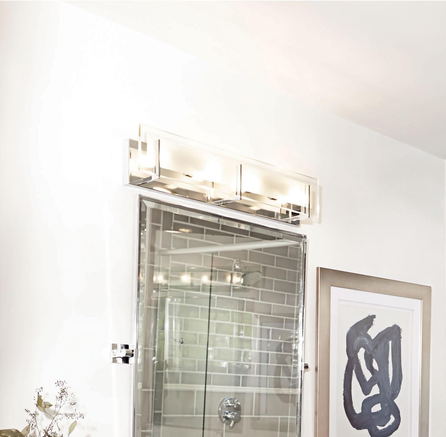 Hinkley Latitude Large Four Light Bath Vanity - Modern, Inside Etched Clear Glass Panel, Bulbs Included - Chrome Finish