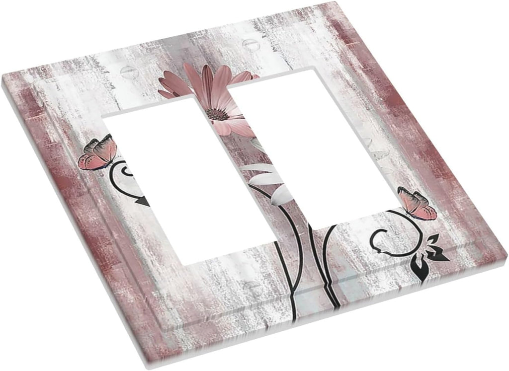 Decorative Outlet Covers Pink White Daisy Butterfly Wood Grain 2 Gang Double GFCI Rocker Electrical Wall Panels Light Switch Cover Plate for Farmhouse Bathroom Decor